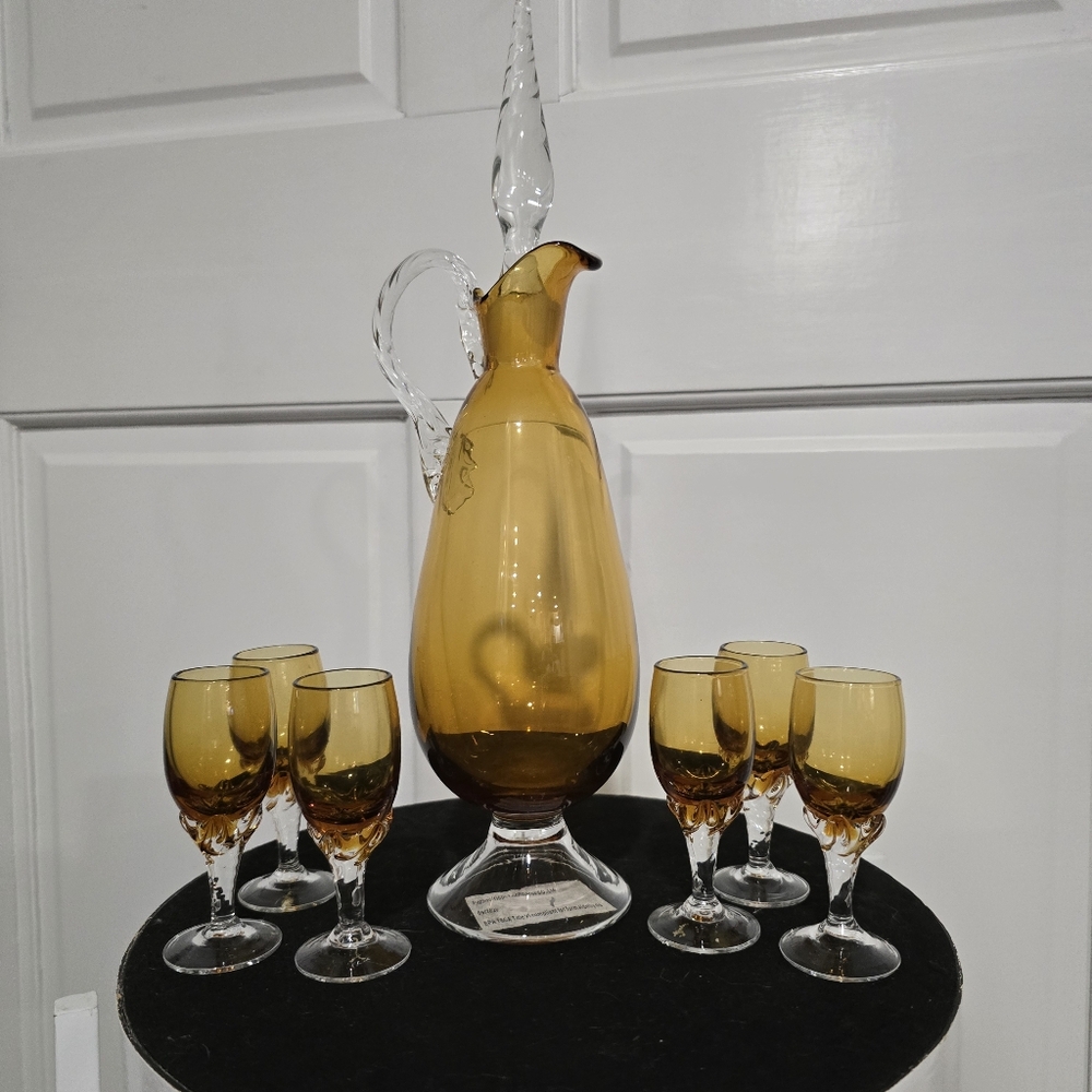 Vintage Amber Handblown Twisted Glass Handle Decanter